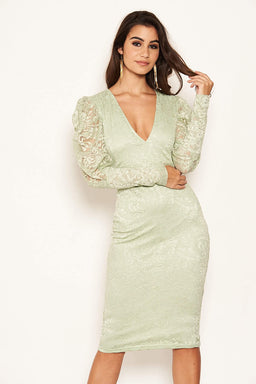 Sage Lace Puff Sleeve Midi Dress