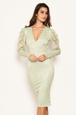 Sage Lace Puff Sleeve Midi Dress