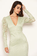 Sage Lace Puff Sleeve Midi Dress