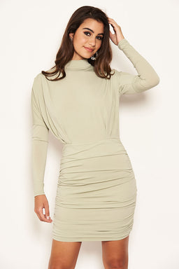 Sage Long Sleeve Back Ruched Bodycon Dress