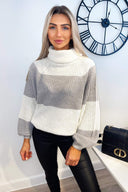 Silver And Cream Block Colour Knitted Jumper