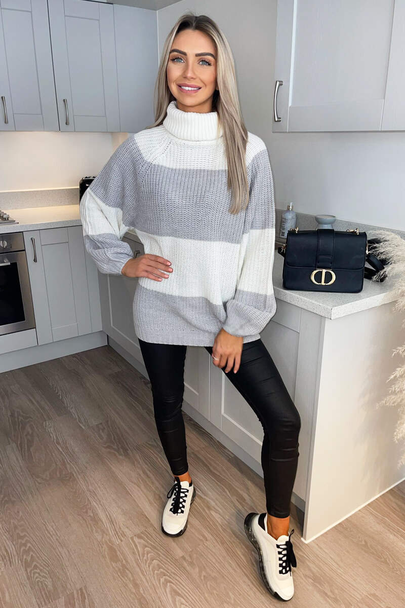 Silver And Cream Block Colour Knitted Jumper