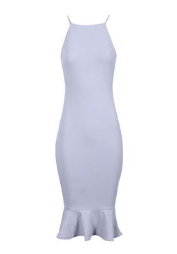 Silver Bodycon Midi Dress With Frill Hem