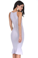 Silver Bodycon Midi Dress With Frill Hem