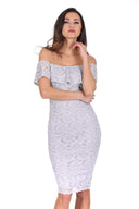 Silver Ruffled Off The Shoulder Lace Midi Dress