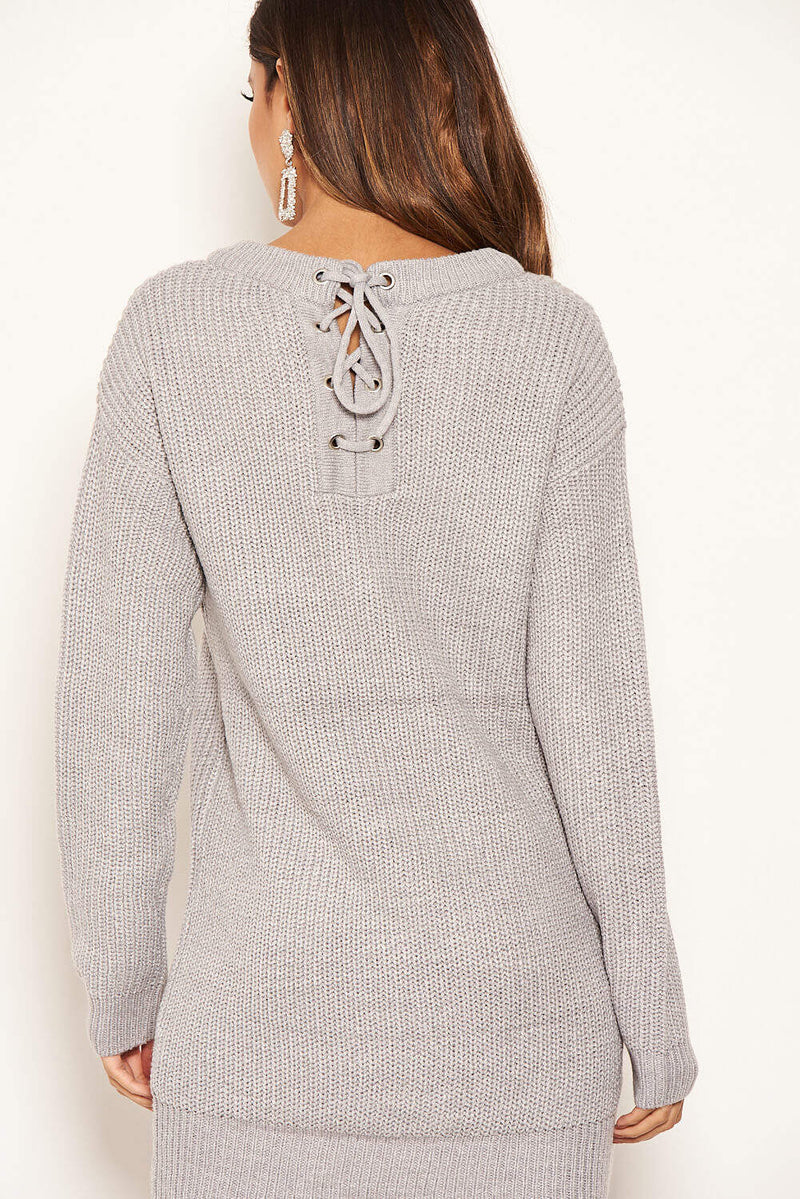 Silver Lace Up Back Jumper Dress