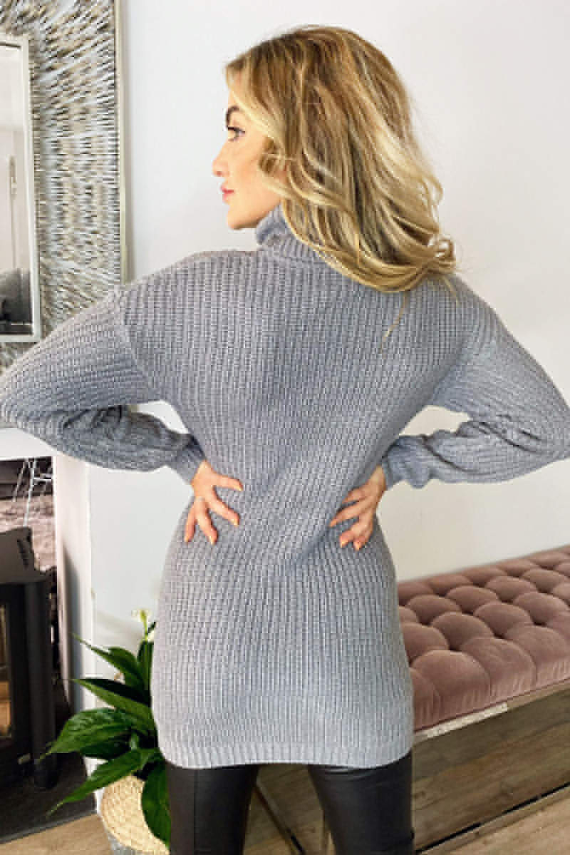 Silver Roll Neck Knit Jumper Dress