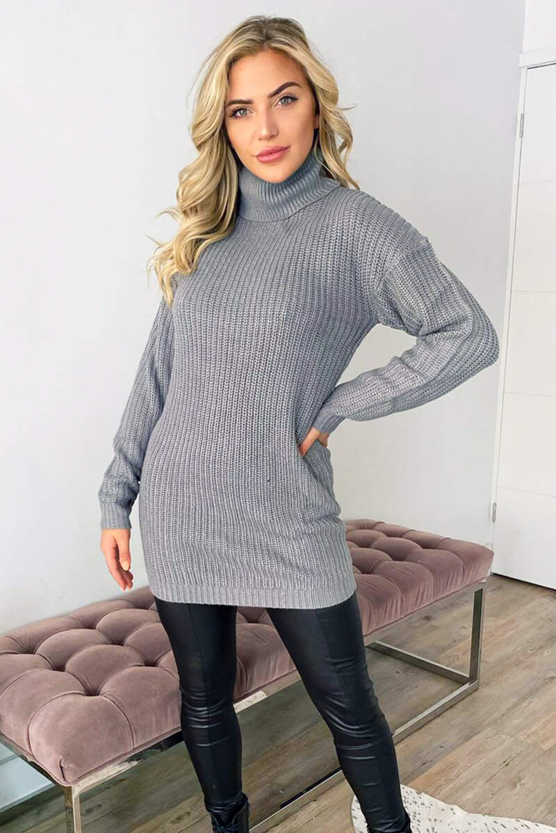 Silver Roll Neck Knit Jumper Dress