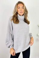 Silver Roll Over Balloon Sleeve Knitted Jumper