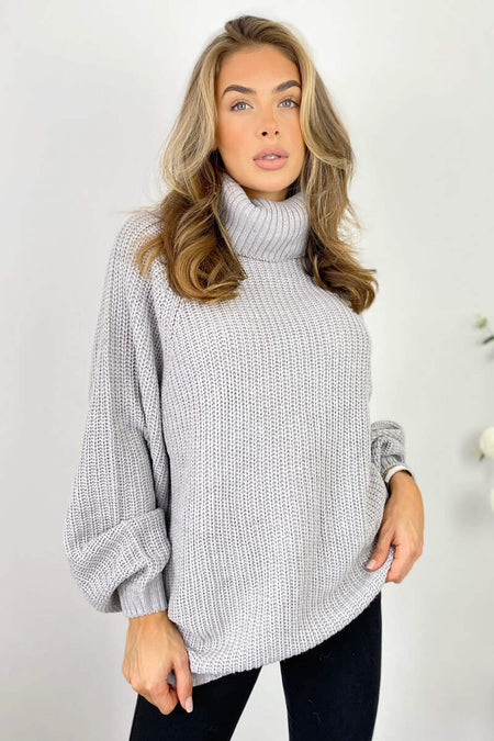 Silver Roll Over Balloon Sleeve Knitted Jumper