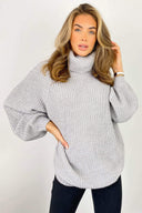 Silver Roll Over Balloon Sleeve Knitted Jumper