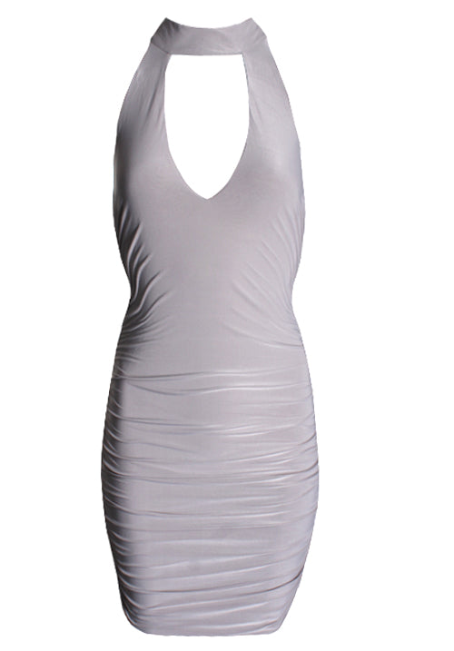 Silver V Neck Choker Neck Ruched Dress