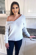 Silver V Neck Soft Knitted Jumper