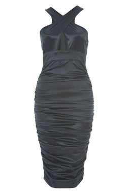 Slinky Navy Ruched Dress With A Cross Over Cut Out Front