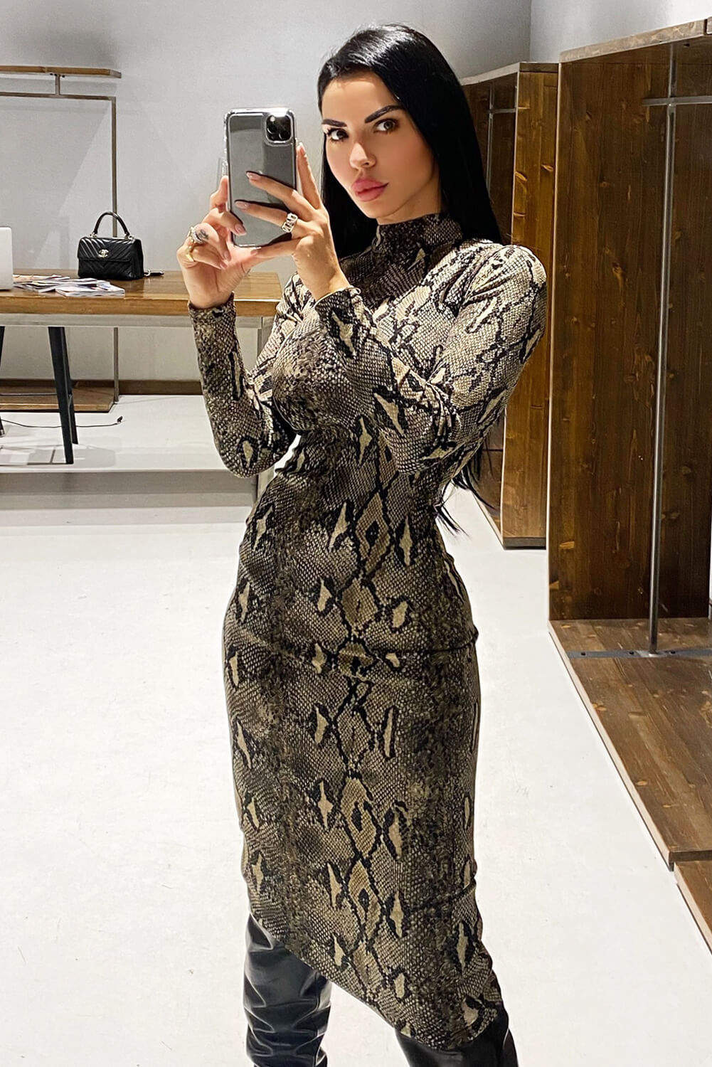 snakeskin print bodycon dress Snakeskin Print Mock Neck Bodycon Dress