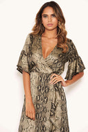 Snake Print Frill Wrap Midi Dress