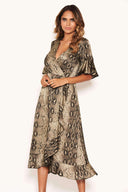 Snake Print Frill Wrap Midi Dress