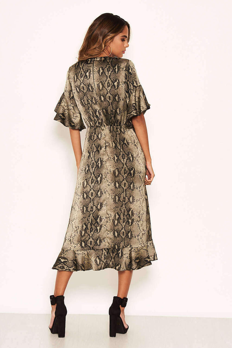 Snake Print Frill Wrap Midi Dress