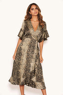 Snake Print Frill Wrap Midi Dress