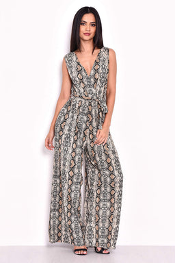 Snake Print Pleated Tie-Waist Jumpsuit