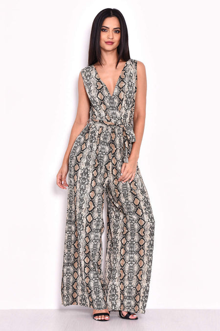 Snake Print Pleated Tie-Waist Jumpsuit