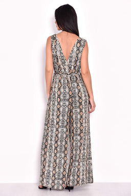Snake Print Pleated Tie-Waist Jumpsuit