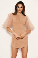 Stone Faux Suede Puff Sleeve Bodycon Dress