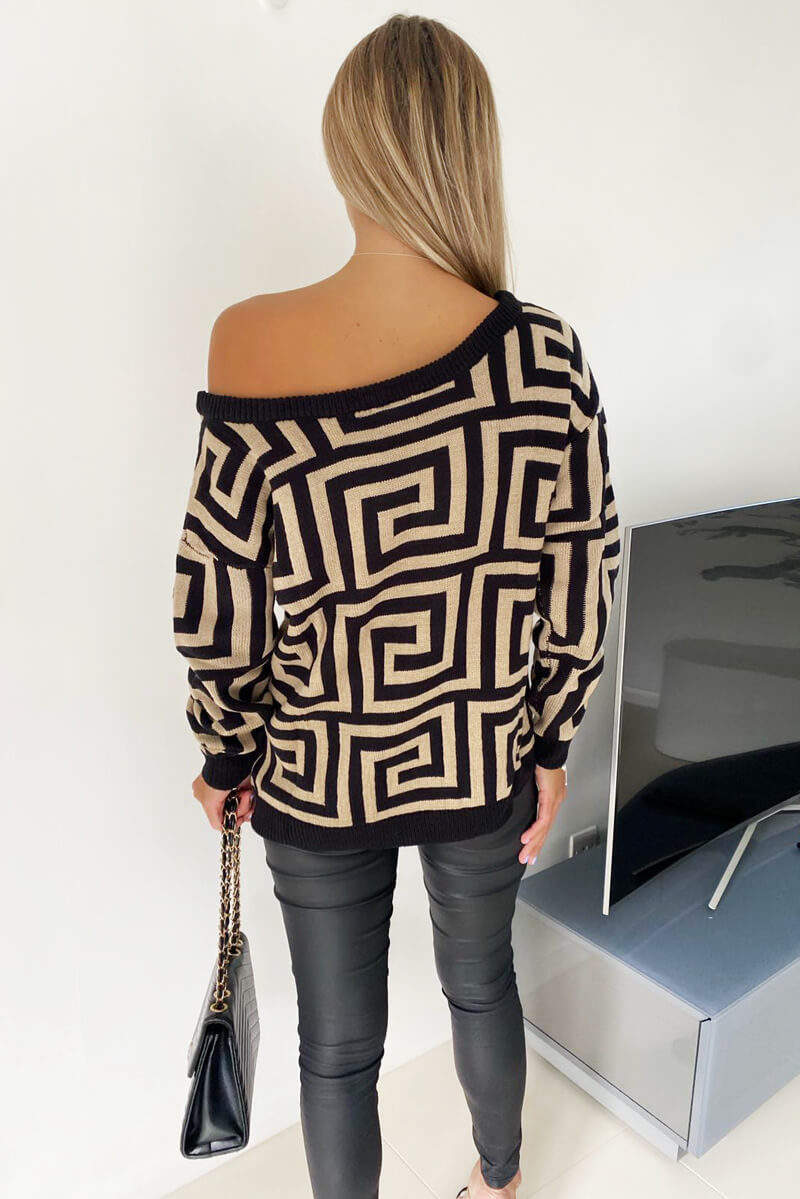 Stone Geo Off The Shoulder Knitted Jumper