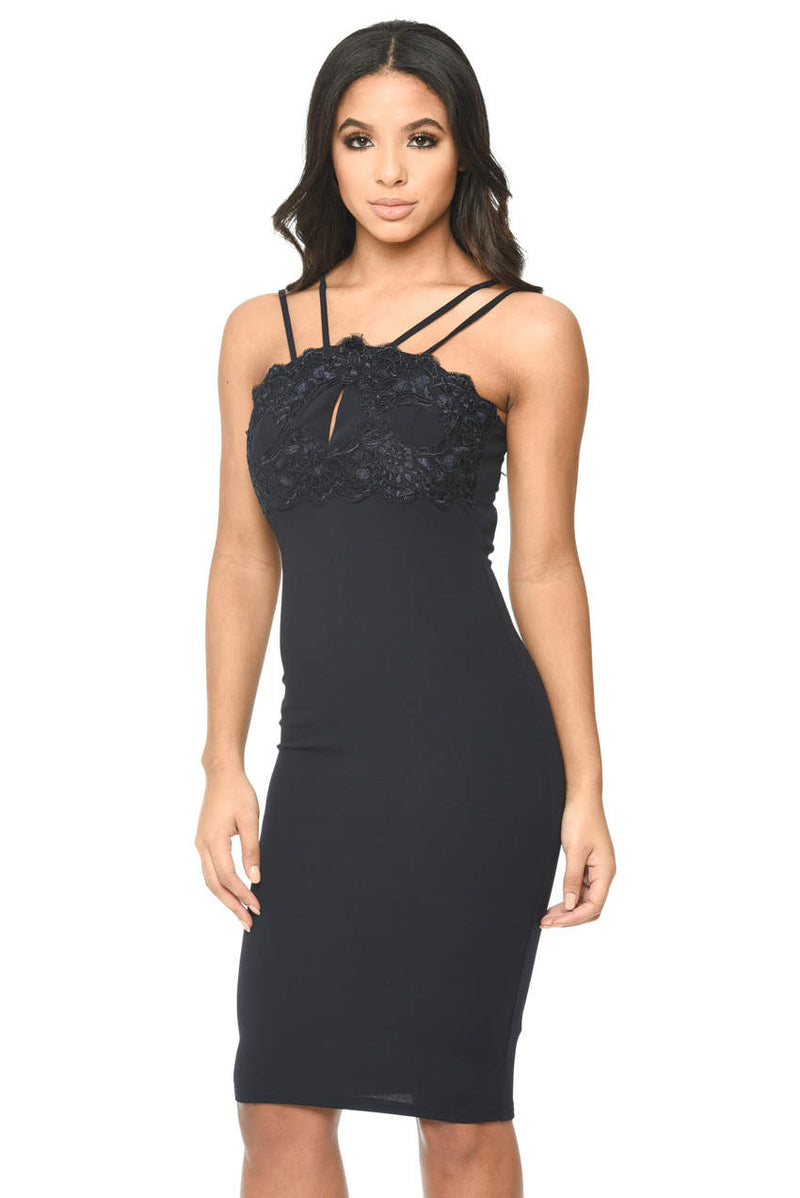 Strappy Navy Bodycon Dress With Lace Detail