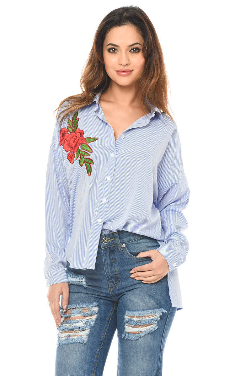 Stripey Rose Embroidered Shirt