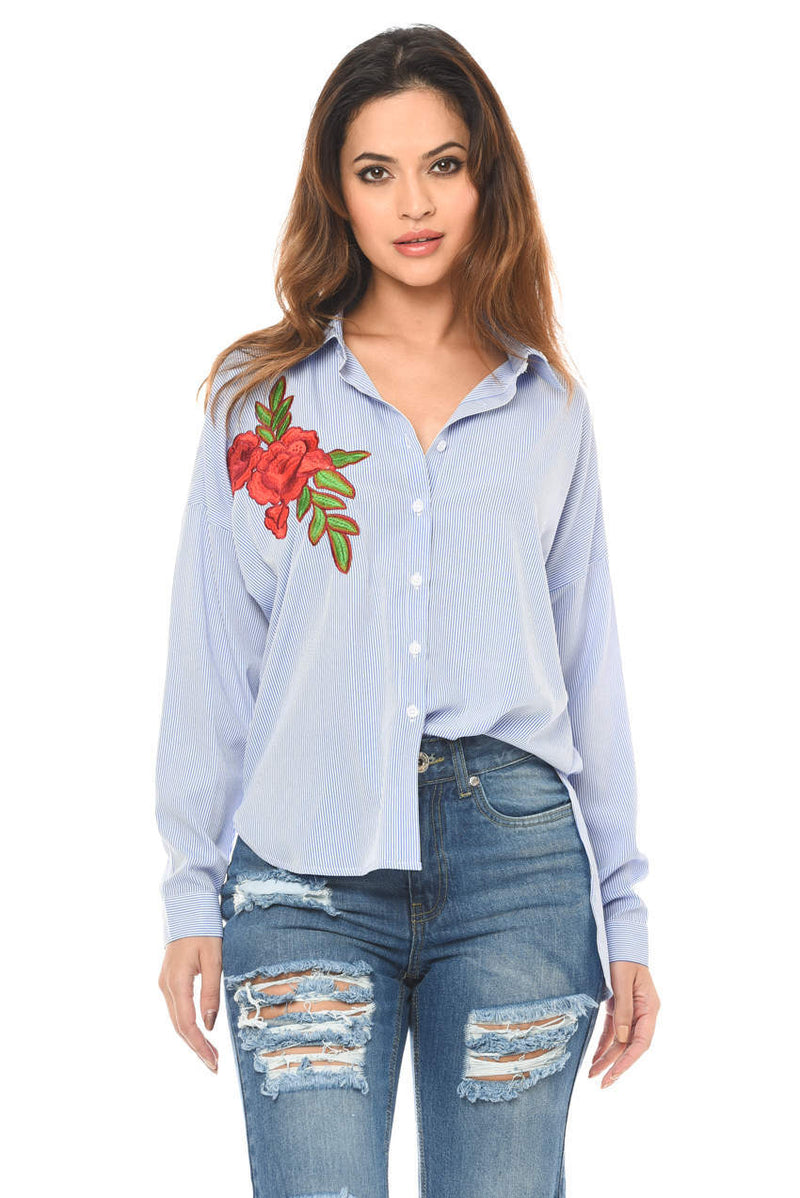 Stripey Rose Embroidered Shirt