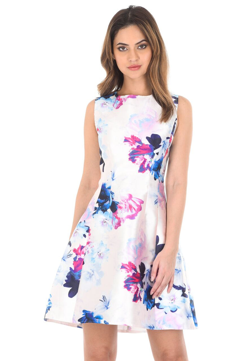 ax paris skater dress Silkfred Ax Paris Floral Skater Dress AX Paris Pink Cream Floral Print Puff Sleeve Skater Mini