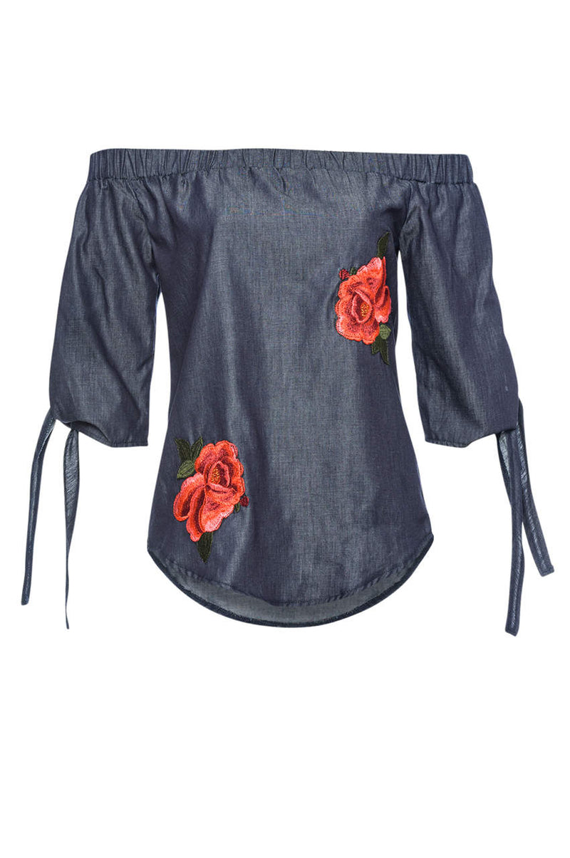 Off The Shoulder Denim Embroidered Top