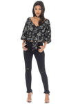 Black Floral Tie Bell Sleeved Top