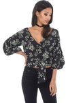 Black Floral Tie Bell Sleeved Top