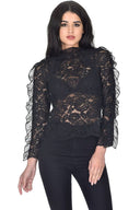 Black High Neck Lace Ruffle Detail Top