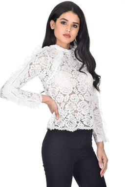 Cream High Neck Lace Ruffle Detail Top