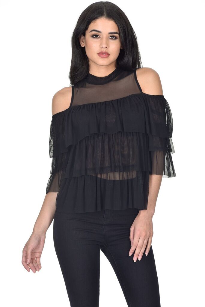 Black Frill Detail Sheer Top