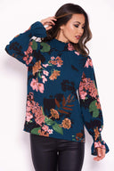 Teal Floral Ruched Sleeve And Collar Blouse