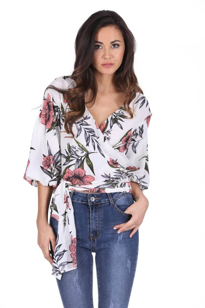 Cream Floral Wrap Top