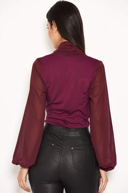 Plum Mesh Detail Sleeved Bodysuit