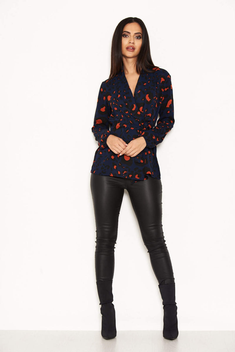 Blue Animal Print Waist Tie Blouse