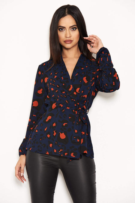 Blue Animal Print Waist Tie Blouse