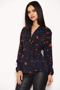 Blue Animal Print Waist Tie Blouse