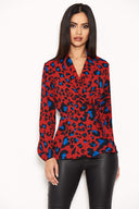 Red Animal Print Waist Tie Blouse