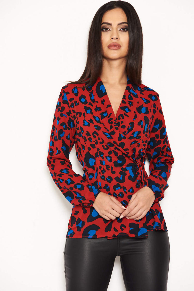 Red Animal Print Waist Tie Blouse