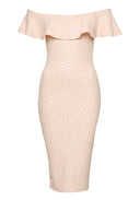 Pink Off The Shoulder Frill Bodycon Midi Dress