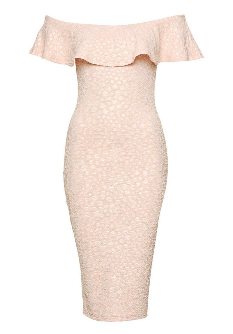 Pink Off The Shoulder Frill Bodycon Midi Dress