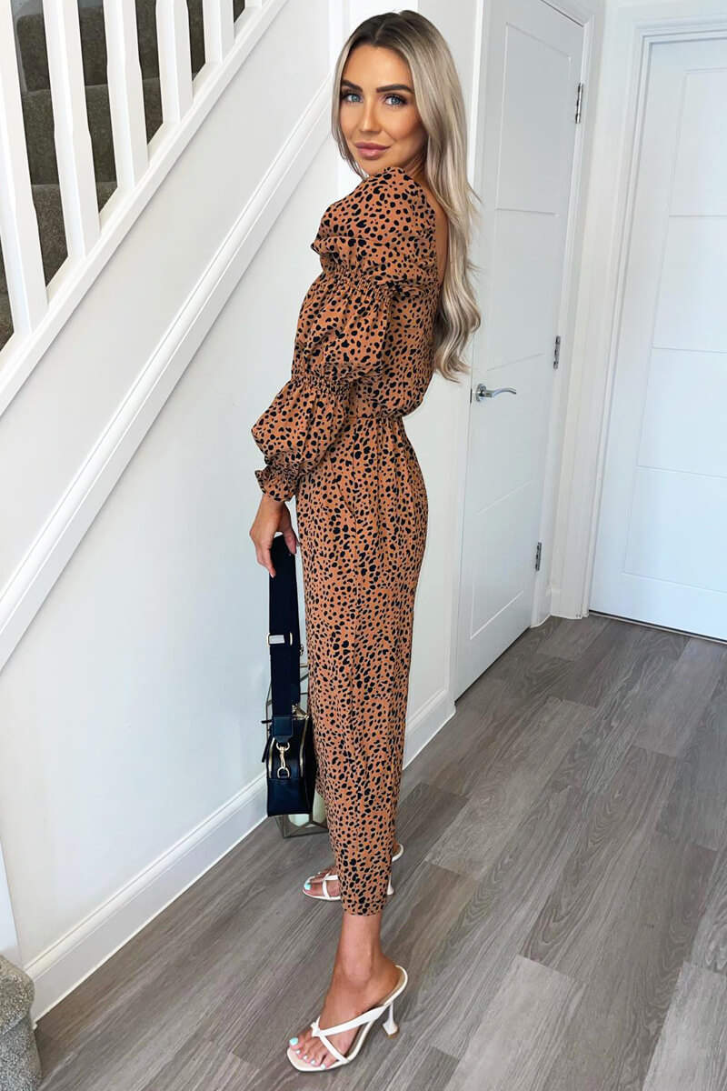 Tan Dot Printed Elasticated Sleeve Jumpsuit