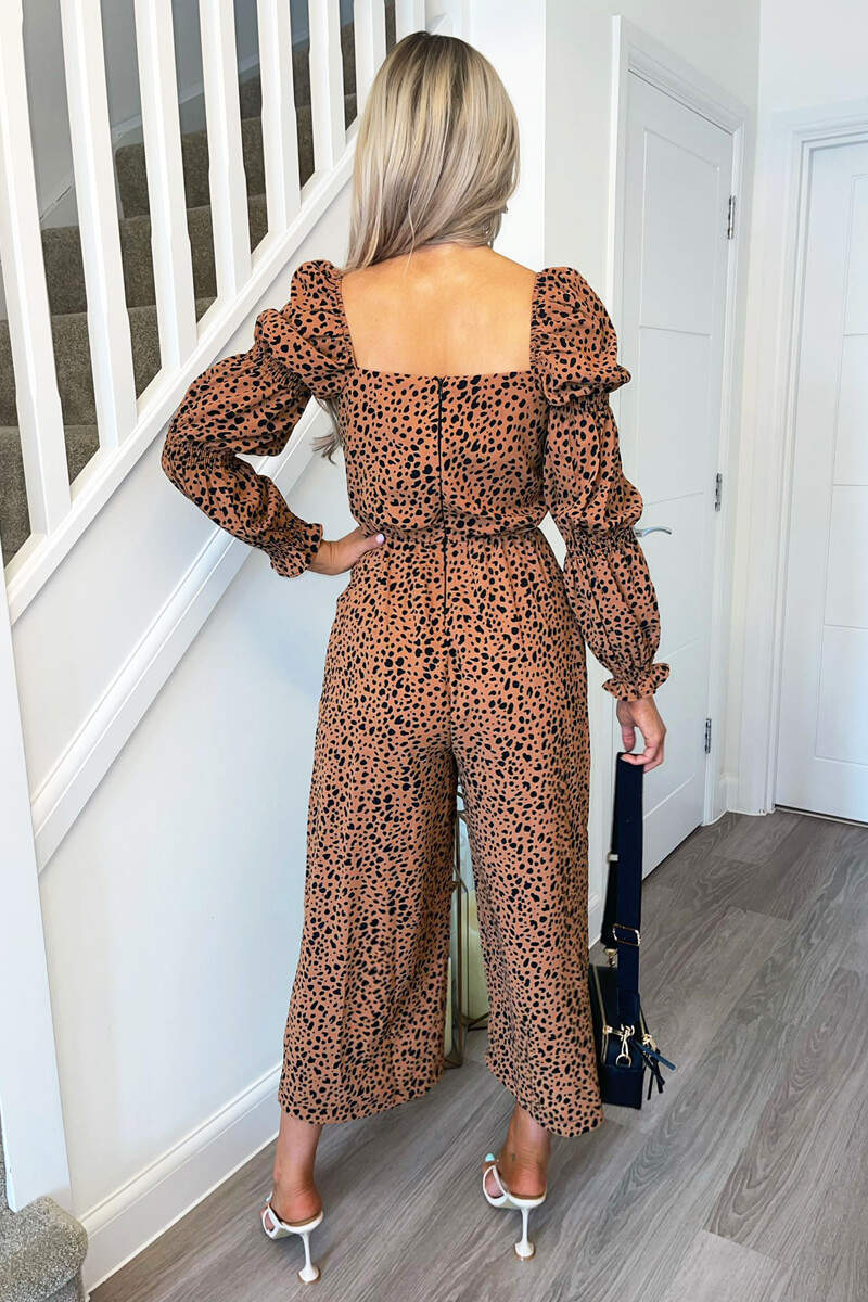 Tan Dot Printed Elasticated Sleeve Jumpsuit